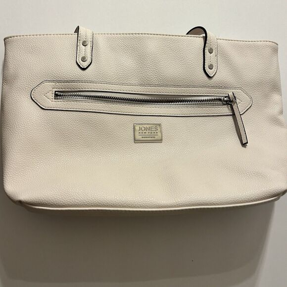 Jones New York White Leather Purse Bone Off White Ivory Leather Pockets Zipper - Picture 1 of 13